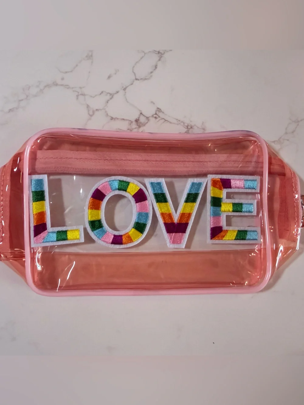 Pink Clear Cosmetic Pouch with Rainbow 'LOVE' Patch
